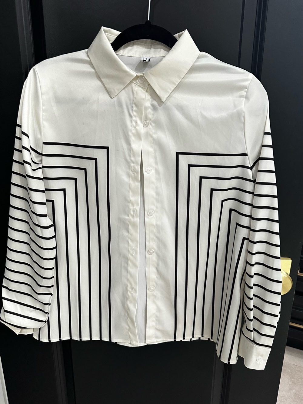 Pearl Satin Button-Up Shirt with Black Geometric Stripes